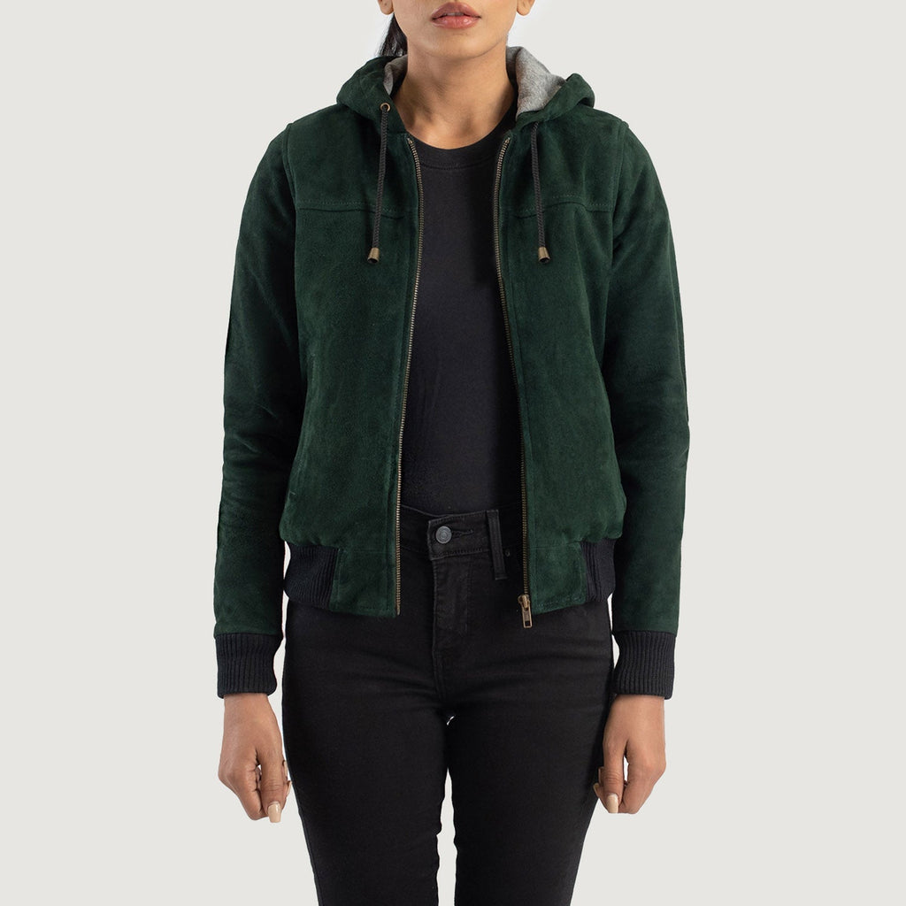 Rebella Green Hooded Suede Bomber Jacket SH564