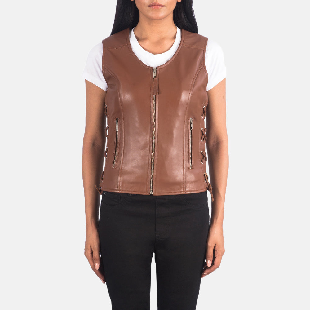 Vanda Brown Leather Biker Vest SH520