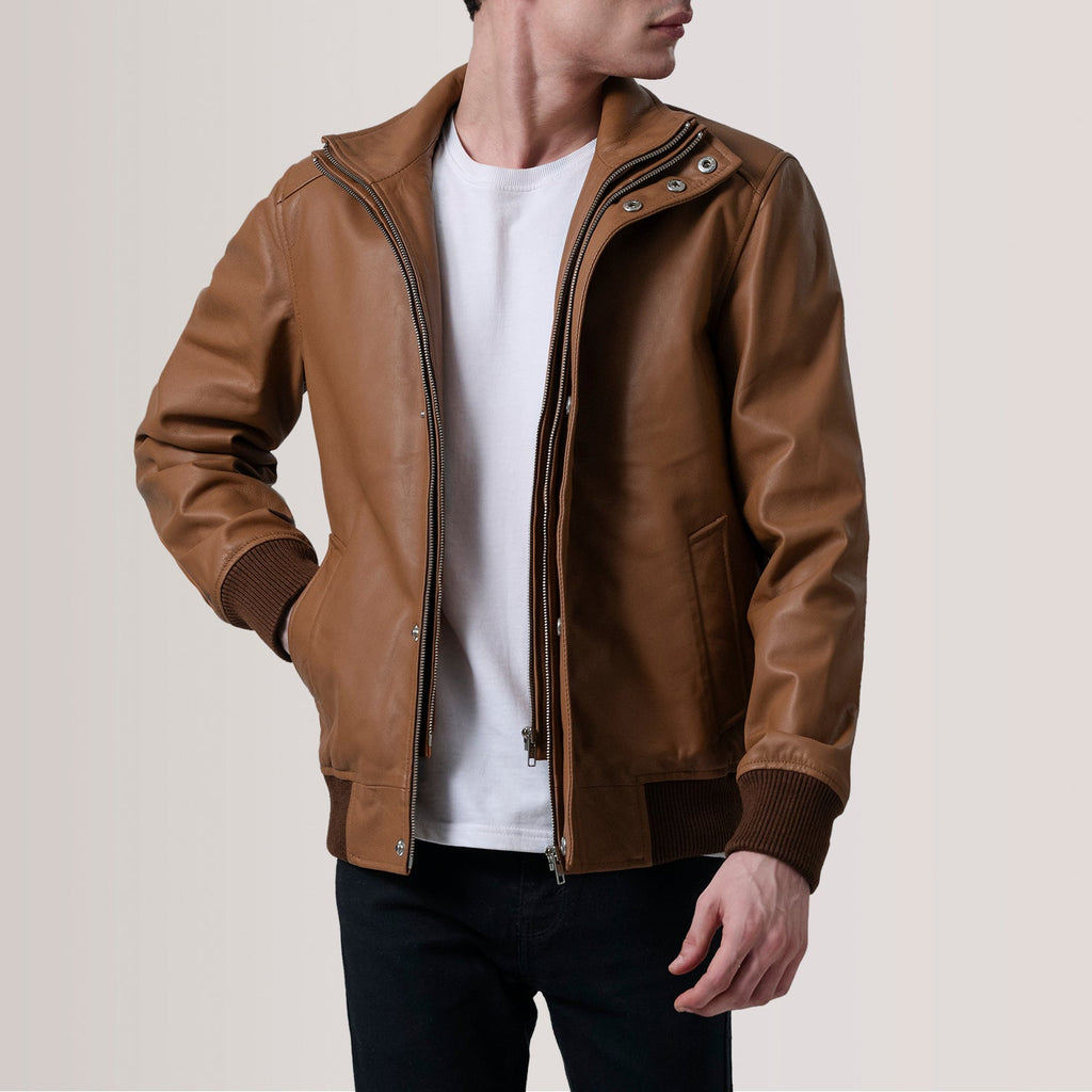 Lester Tan Leather Bomber Jacket